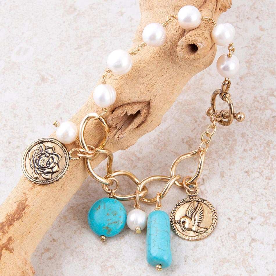 Blue Turquoise and White Pearl Multi Charm Golden Bracelet - Barse Jewelry - Flyclothing LLC