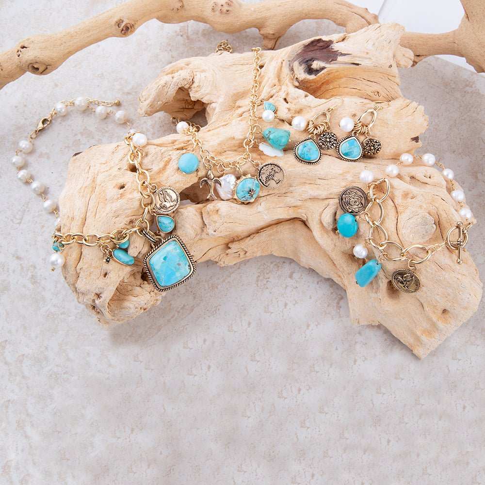 Blue Turquoise and White Pearl Multi Charm Golden Bracelet - Barse Jewelry - Flyclothing LLC