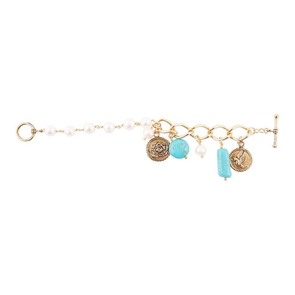 Blue Turquoise and White Pearl Multi Charm Golden Bracelet - Barse Jewelry - Flyclothing LLC