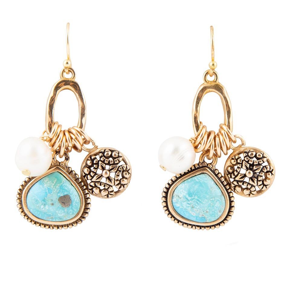 Blue Turquoise and White Pearl Multi Charm Golden Charm Earrings - Barse Jewelry