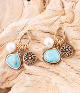 Blue Turquoise and White Pearl Multi Charm Golden Charm Earrings - Barse Jewelry - Flyclothing LLC