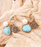 Blue Turquoise and White Pearl Multi Charm Golden Charm Earrings - Barse Jewelry