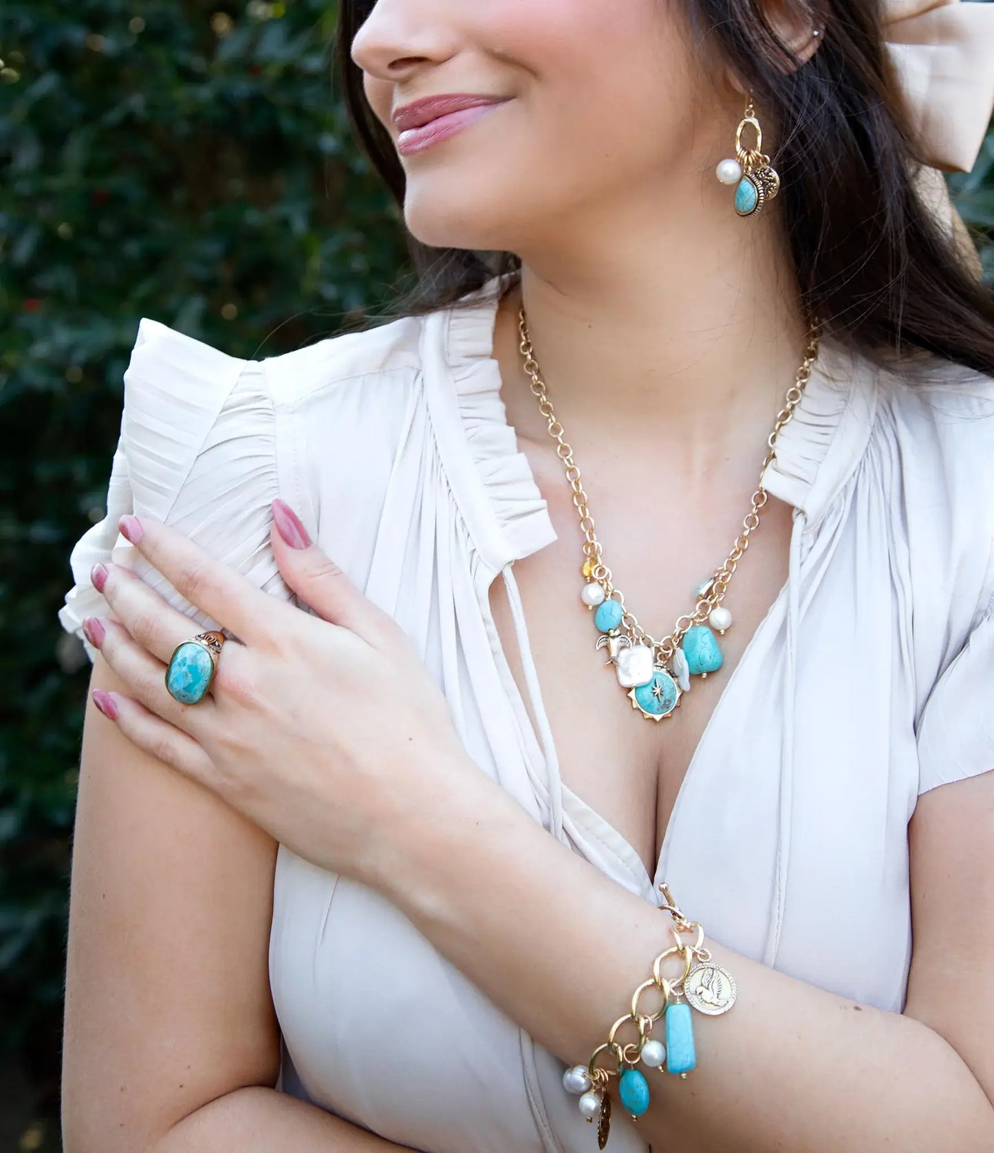 Blue Turquoise and White Pearl Multi Charm Golden Necklace - Barse Jewelry - Flyclothing LLC