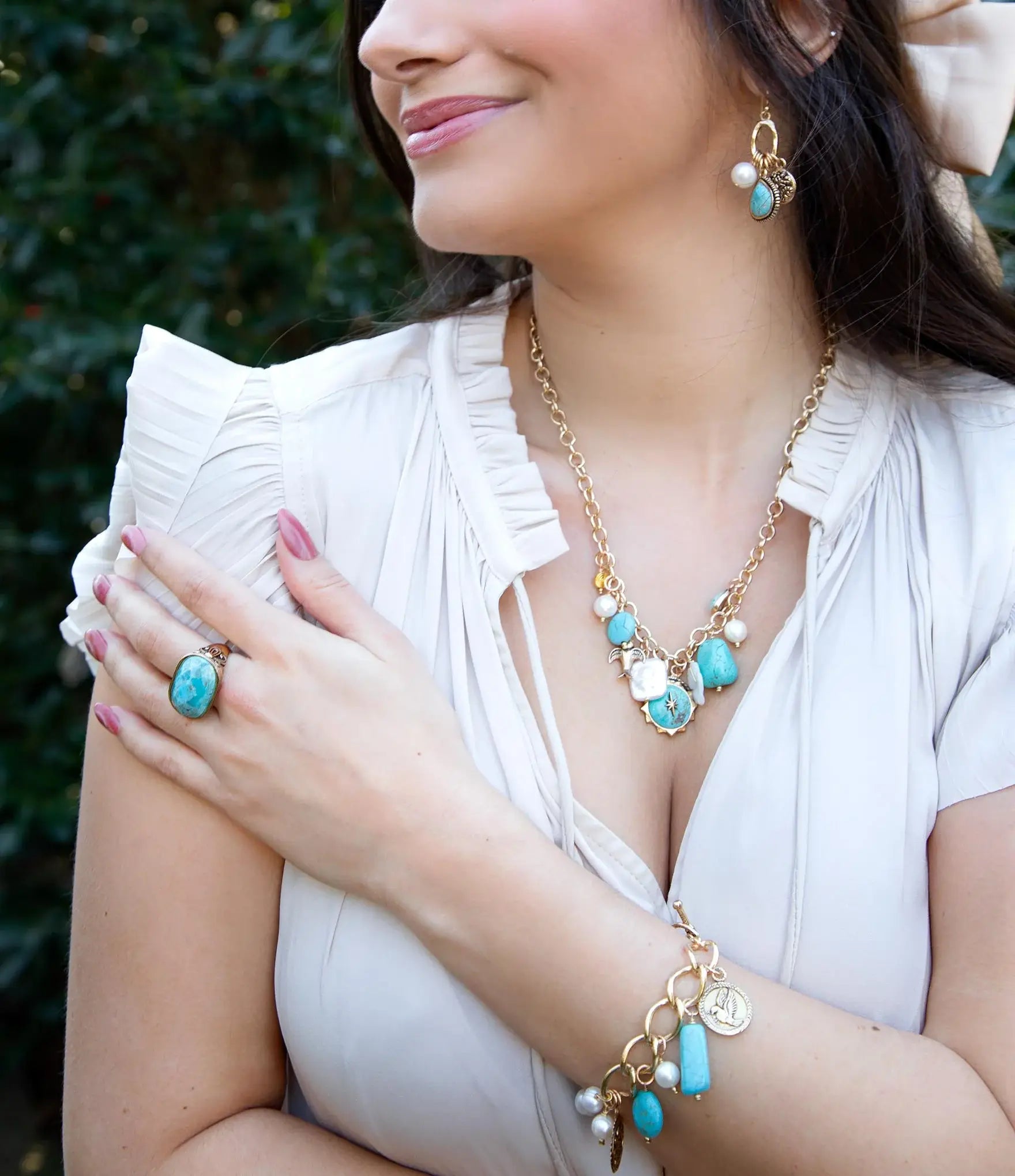 Blue Turquoise and White Pearl Multi Charm Golden Necklace - Barse Jewelry - Flyclothing LLC