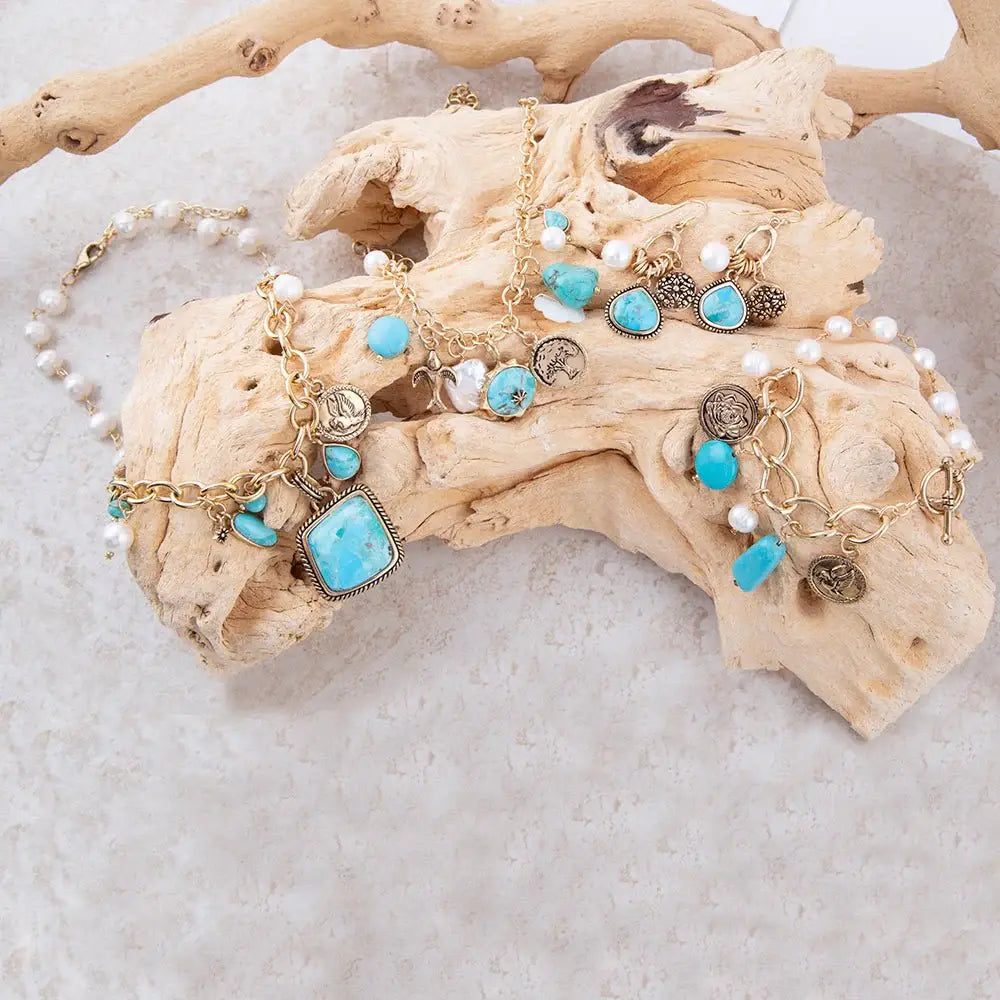 Blue Turquoise and White Pearl Multi Charm Golden Necklace - Barse Jewelry - Flyclothing LLC