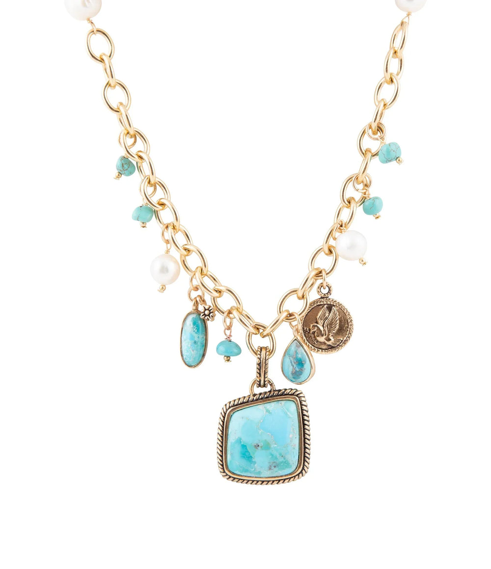 Blue Turquoise and White Pearl Multi Pendant Golden Necklace - Barse Jewelry - Flyclothing LLC