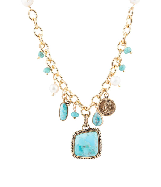 Blue Turquoise and White Pearl Multi Pendant Golden Necklace - Barse Jewelry - Flyclothing LLC