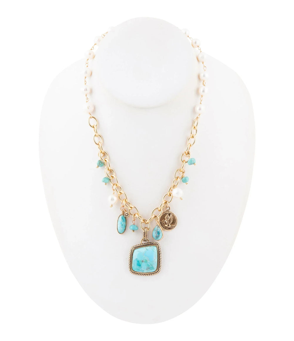 Blue Turquoise and White Pearl Multi Pendant Golden Necklace - Barse Jewelry - Flyclothing LLC