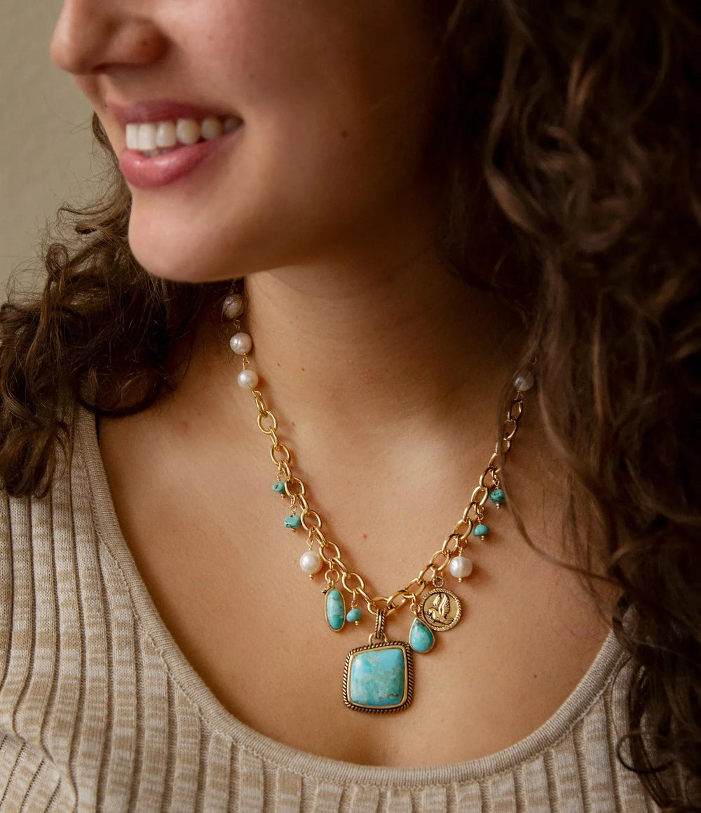Blue Turquoise and White Pearl Multi Pendant Golden Necklace - Barse Jewelry - Flyclothing LLC