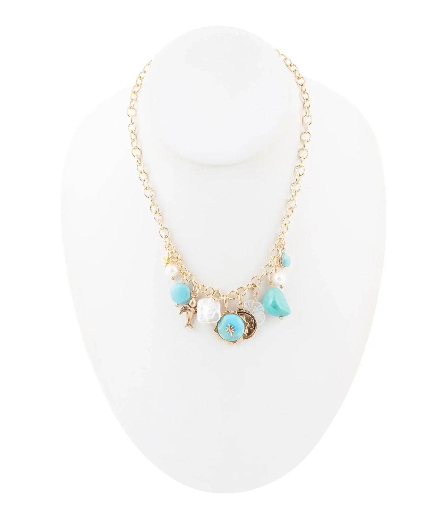 Blue Turquoise and White Pearl Multi Charm Golden Necklace - Barse Jewelry - Flyclothing LLC