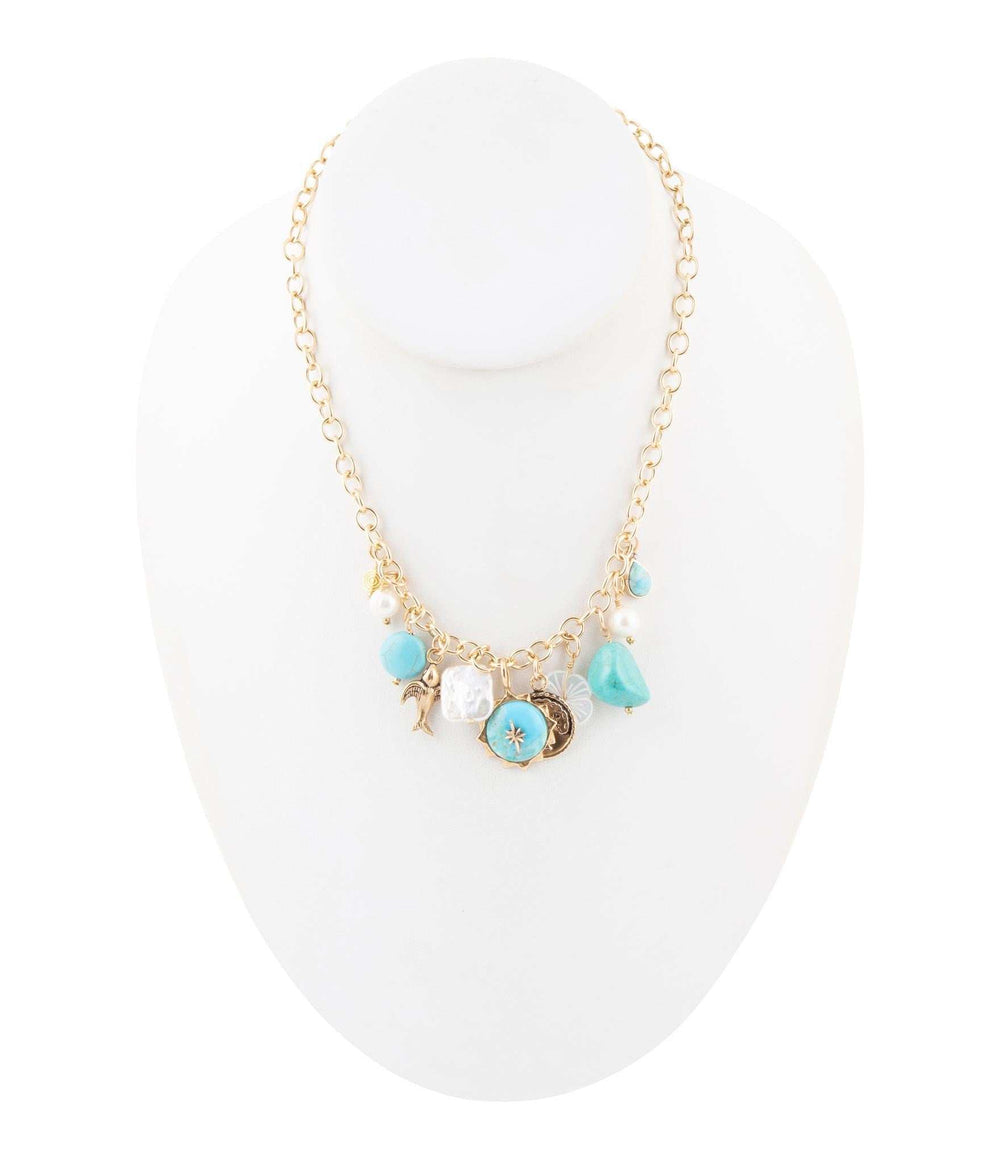 Blue Turquoise and White Pearl Multi Charm Golden Necklace - Barse Jewelry - Flyclothing LLC