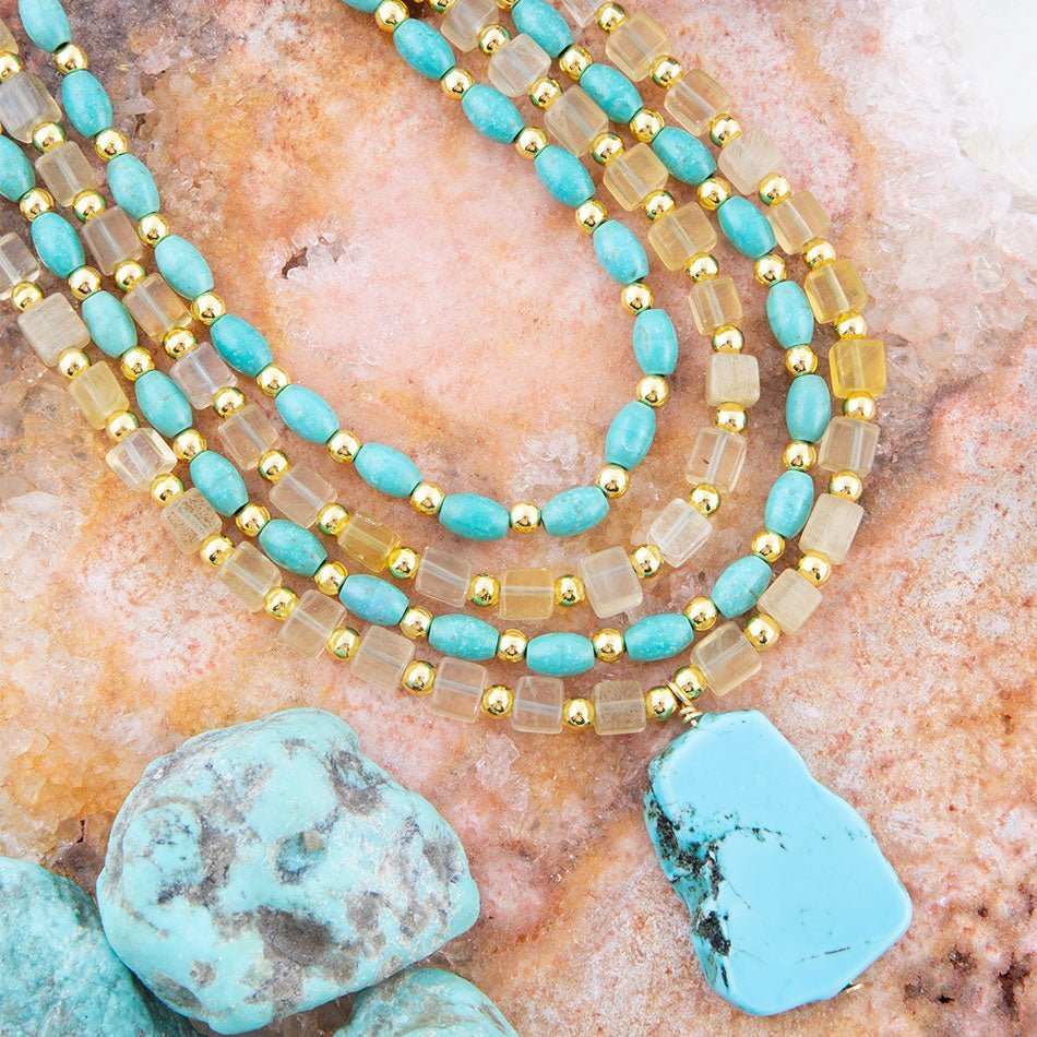 Blue Turquoise and Yellow Citrine Multi-Layer Golden Necklace - Barse Jewelry - Flyclothing LLC
