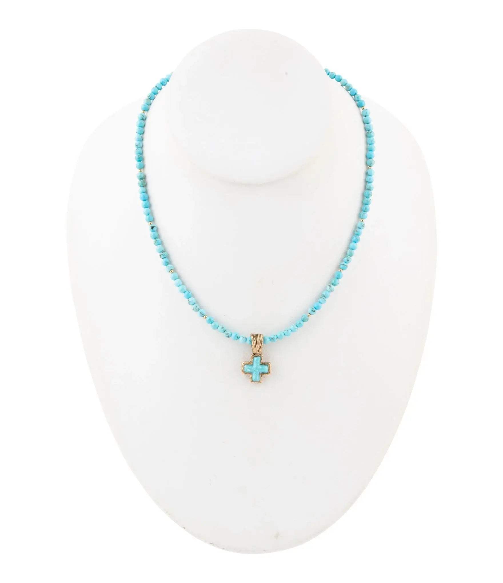 Blue Turquoise Cross Golden Pendant Necklace