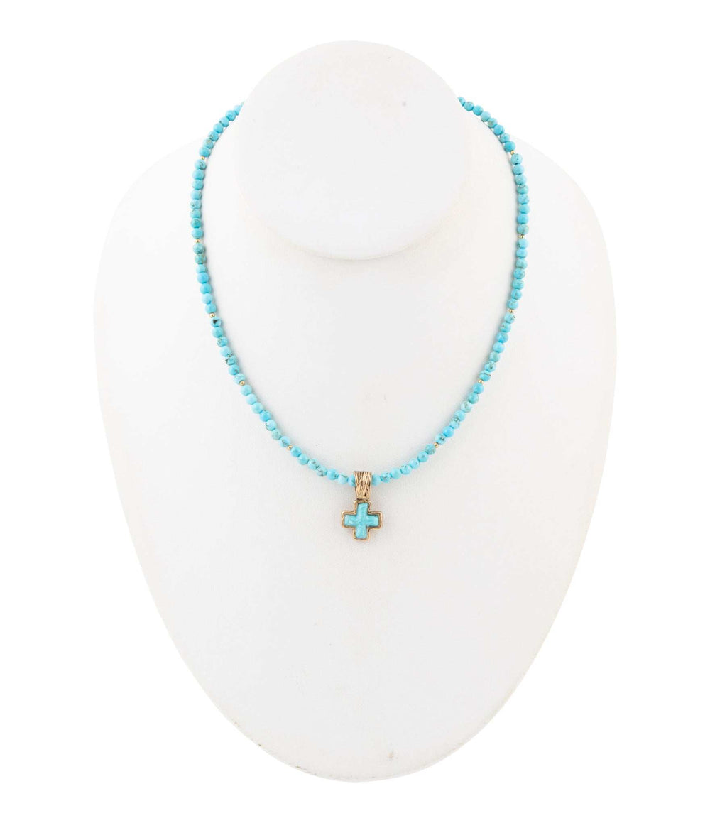 Blue Turquoise Cross Golden Pendant Necklace - Barse Jewelry - Flyclothing LLC