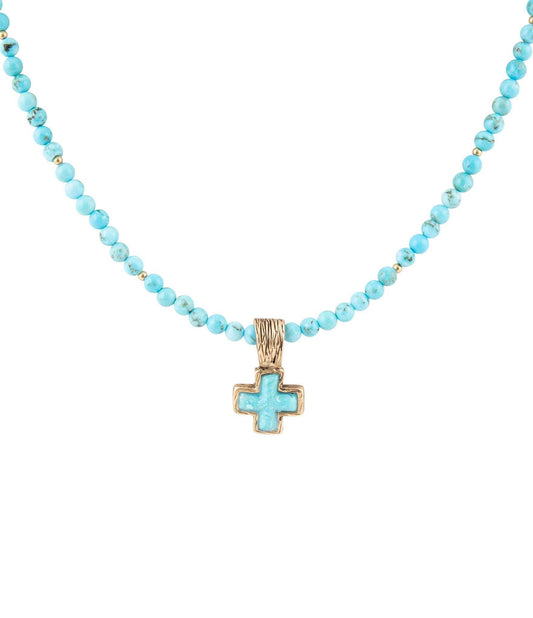 Blue Turquoise Cross Golden Pendant Necklace - Barse Jewelry - Flyclothing LLC