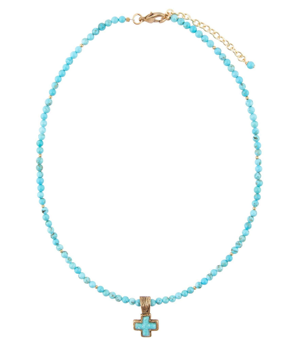 Blue Turquoise Cross Golden Pendant Necklace - Barse Jewelry - Flyclothing LLC