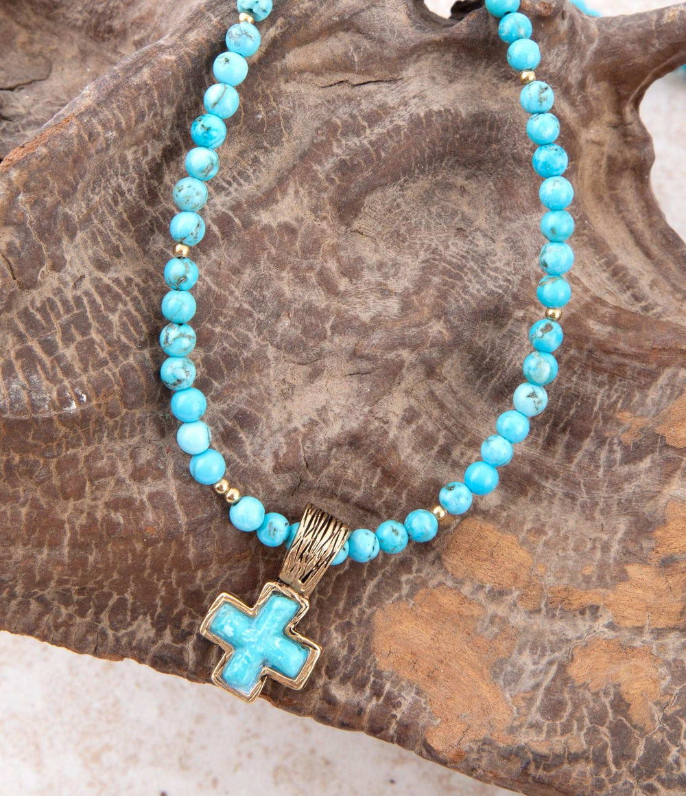 Blue Turquoise Cross Golden Pendant Necklace - Barse Jewelry - Flyclothing LLC