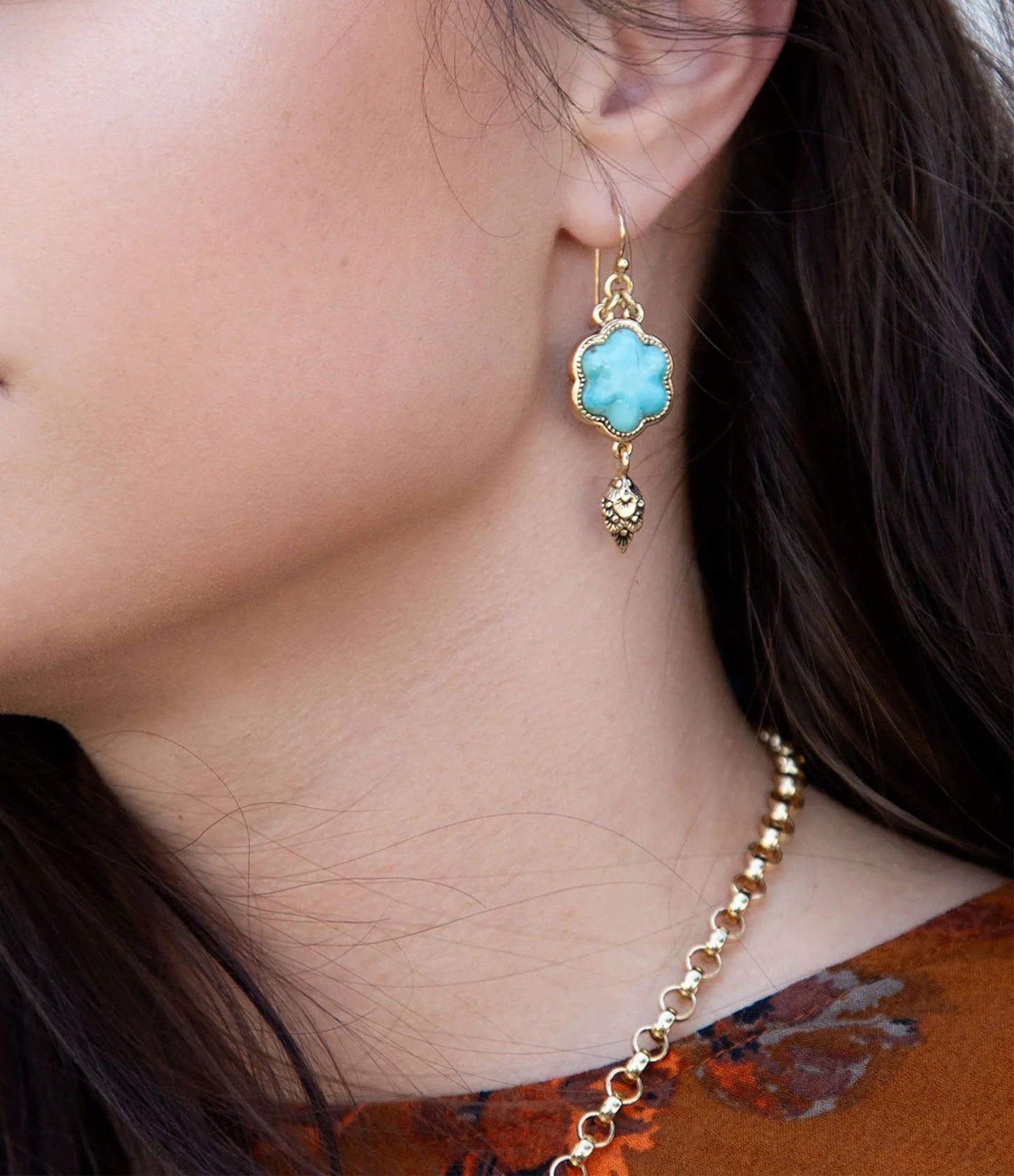 Blue Turquoise Flower Golden Drop Earrings - Barse Jewelry - Flyclothing LLC