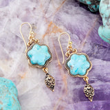 Blue Turquoise Flower Golden Drop Earrings - Barse Jewelry - Flyclothing LLC