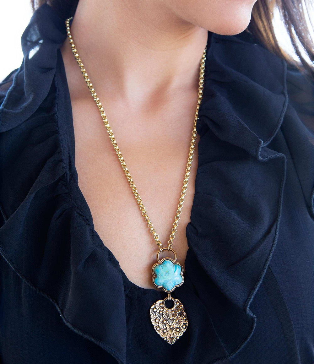 Blue Turquoise Flower Golden Necklace - Barse Jewelry - Flyclothing LLC