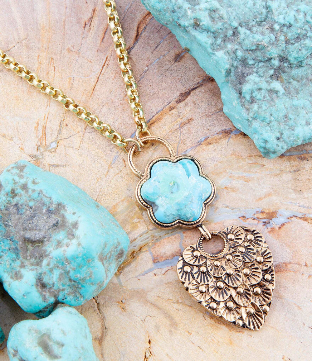 Blue Turquoise Flower Golden Necklace - Barse Jewelry - Flyclothing LLC