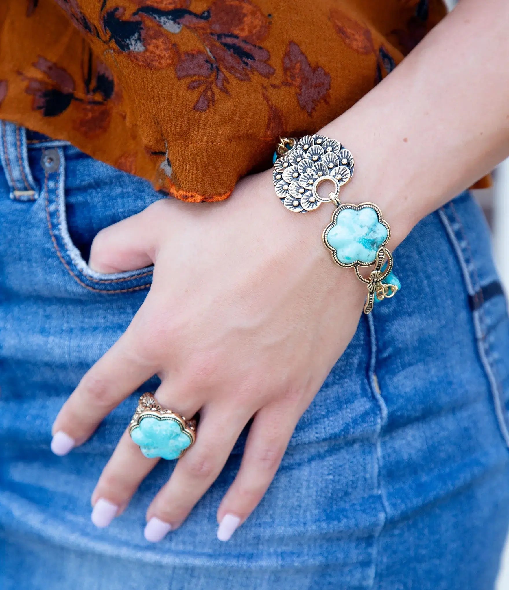 Blue Turquoise Flower Golden Ring - Barse Jewelry - Flyclothing LLC