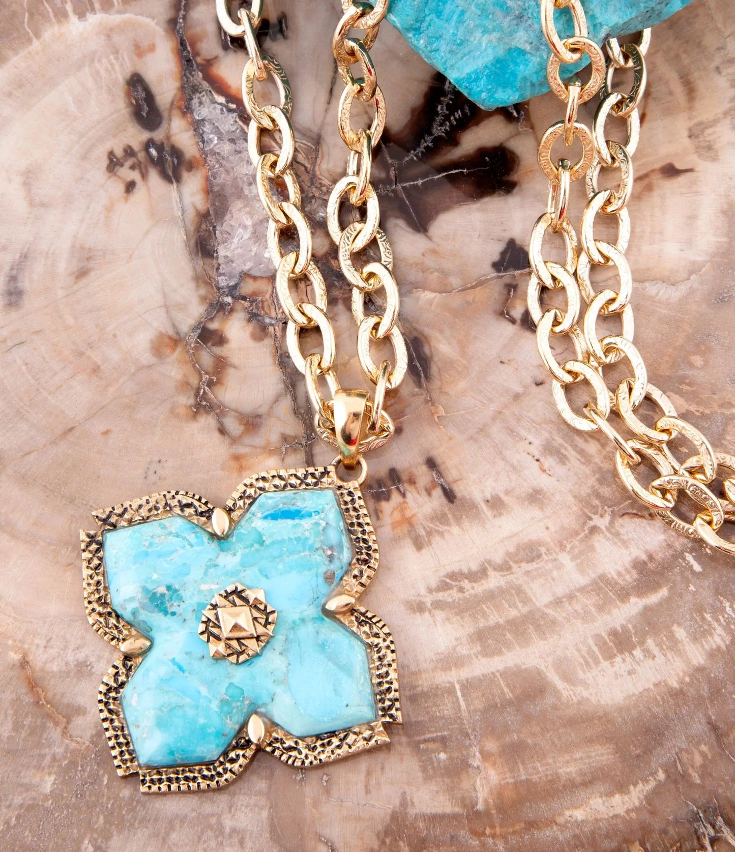 Blue Turquoise Maltese Cross Golden Pendant Necklace - Barse Jewelry - Flyclothing LLC