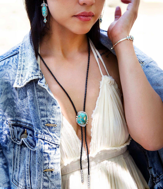 Blue Turquoise Matrix Sterling Silver Bolo Tie Necklace - Barse Jewelry - Flyclothing LLC