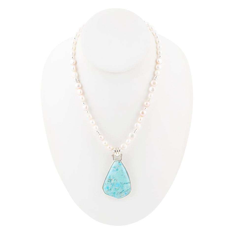 Blue Turquoise Pendant and White Pearl Sterling Silver Necklace - Barse Jewelry - Flyclothing LLC