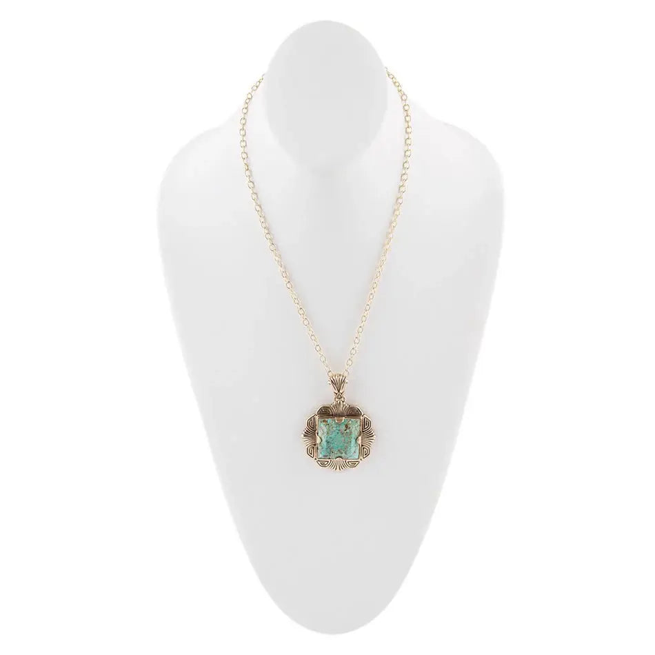 Blue Turquoise Square Golden Pendant Necklace - Barse Jewelry - Flyclothing LLC