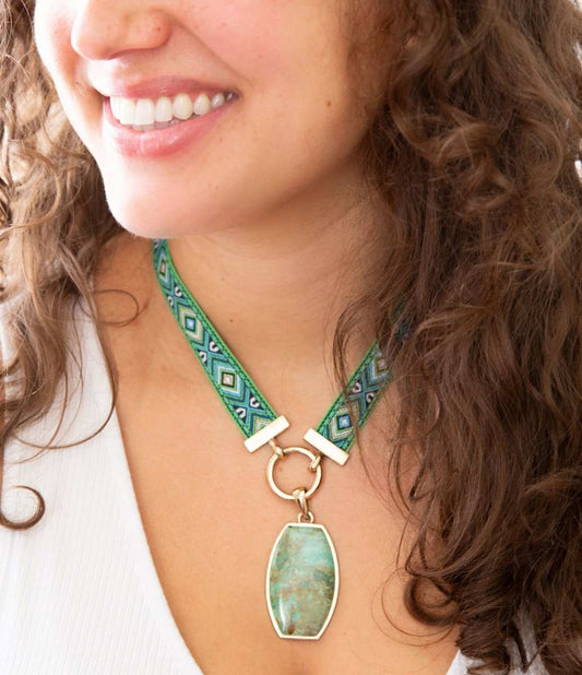 Blue Turquoise Textile Blue and Green Ribbon Necklace - Barse Jewelry - Flyclothing LLC