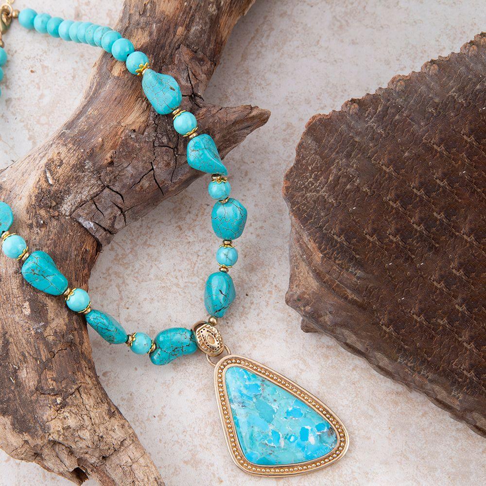 Blue Turquoise Triangle Golden Pendant Necklace - Barse Jewelry - Flyclothing LLC