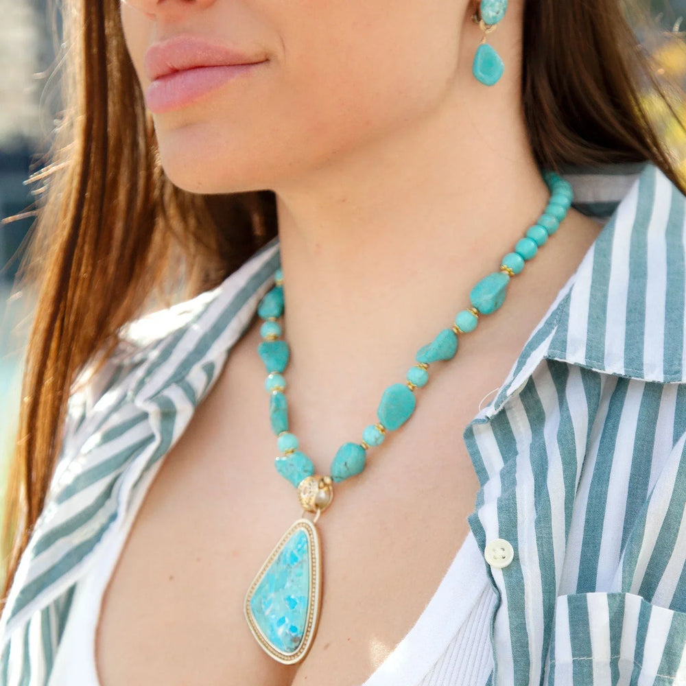 Blue Turquoise Triangle Golden Pendant Necklace - Barse Jewelry - Flyclothing LLC