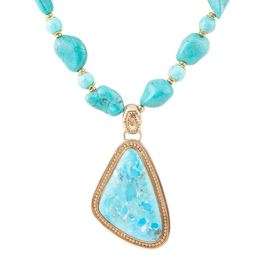 Blue Turquoise Triangle Golden Pendant Necklace - Barse Jewelry - Flyclothing LLC