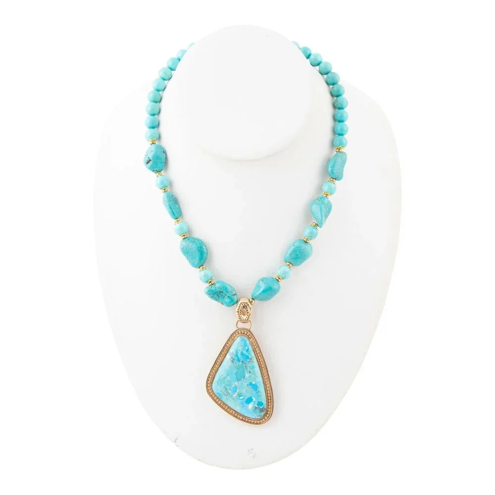 Blue Turquoise Triangle Golden Pendant Necklace - Barse Jewelry - Flyclothing LLC