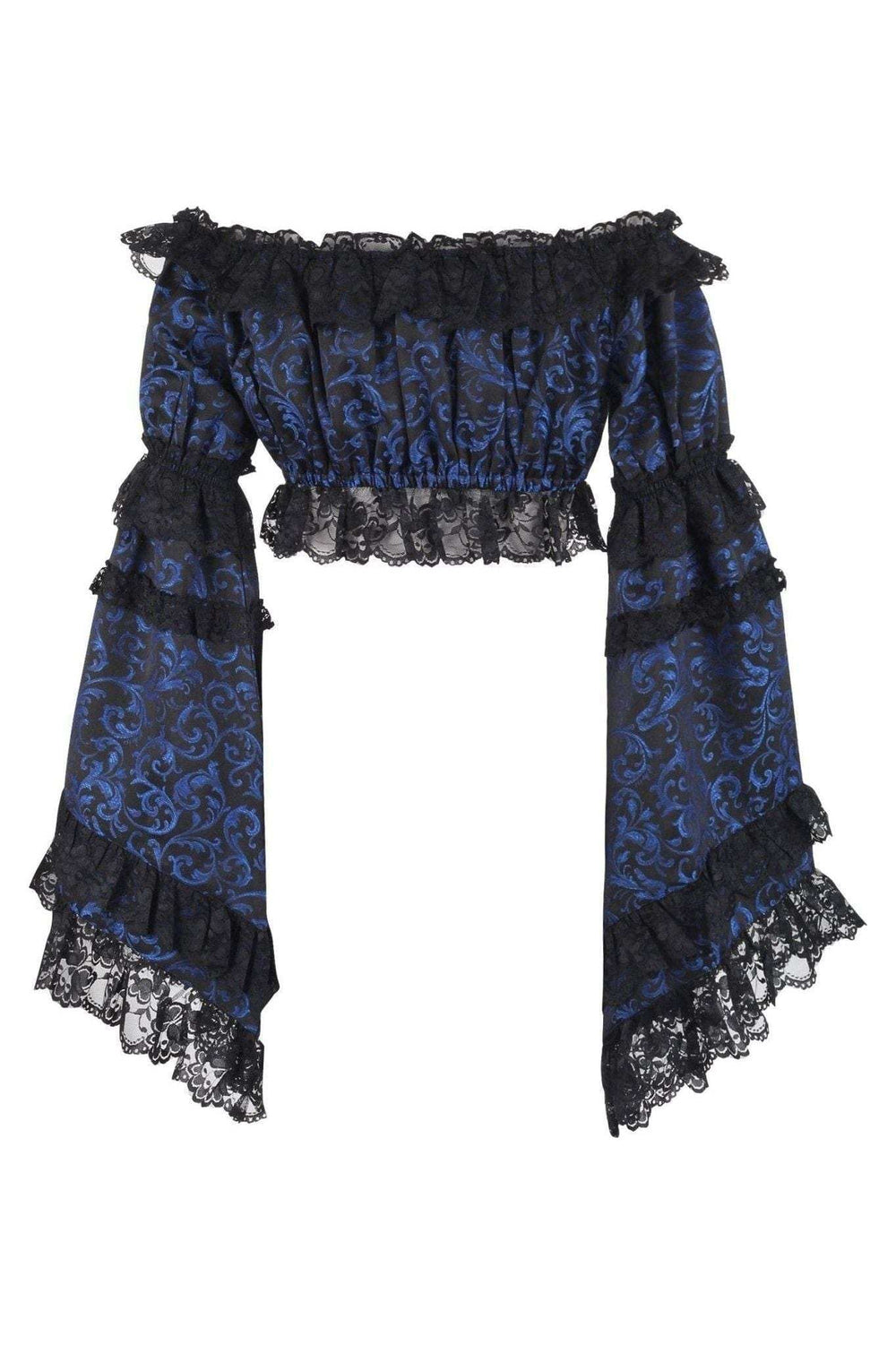 Daisy Corsets Blue/Black Brocade Smocked Flare Sleeve Peasant Top - Daisy Corsets - Flyclothing LLC