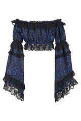 Daisy Corsets Blue/Black Brocade Smocked Flare Sleeve Peasant Top