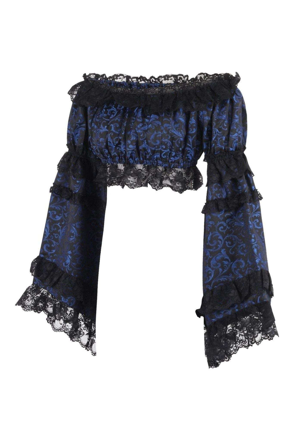 Daisy Corsets Blue/Black Brocade Smocked Flare Sleeve Peasant Top - Daisy Corsets - Flyclothing LLC