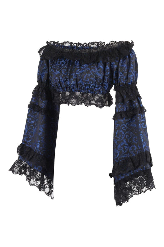 Daisy Corsets Blue/Black Brocade Smocked Flare Sleeve Peasant Top