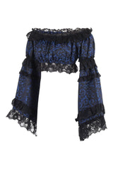 Daisy Corsets Blue/Black Brocade Smocked Flare Sleeve Peasant Top