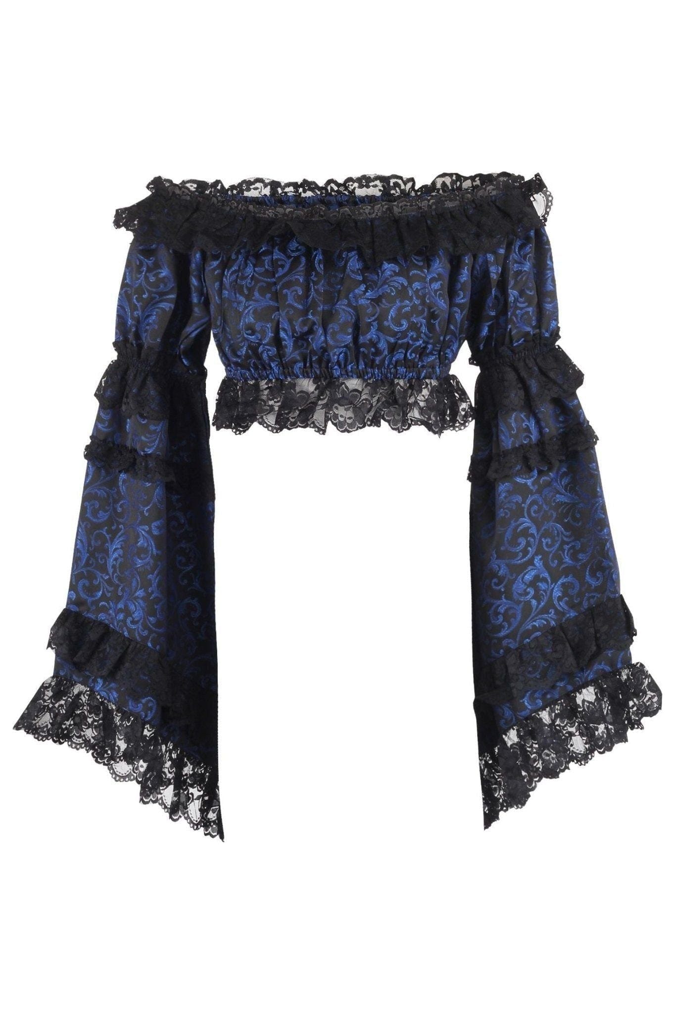 Daisy Corsets Blue/Black Brocade Smocked Flare Sleeve Peasant Top