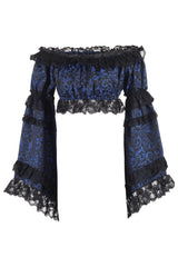 Daisy Corsets Blue/Black Brocade Smocked Flare Sleeve Peasant Top