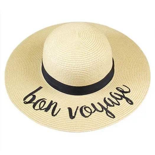 "Bon Voyage" Embroidery Straw Floppy Sun Hat - Madeline Love - Flyclothing LLC