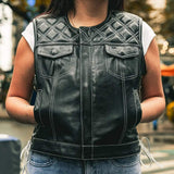 Bonnie - Women's Motorcycle Leather Vest - Diamond Quilt - First Manufacturing Company - Flyclothing LLC
