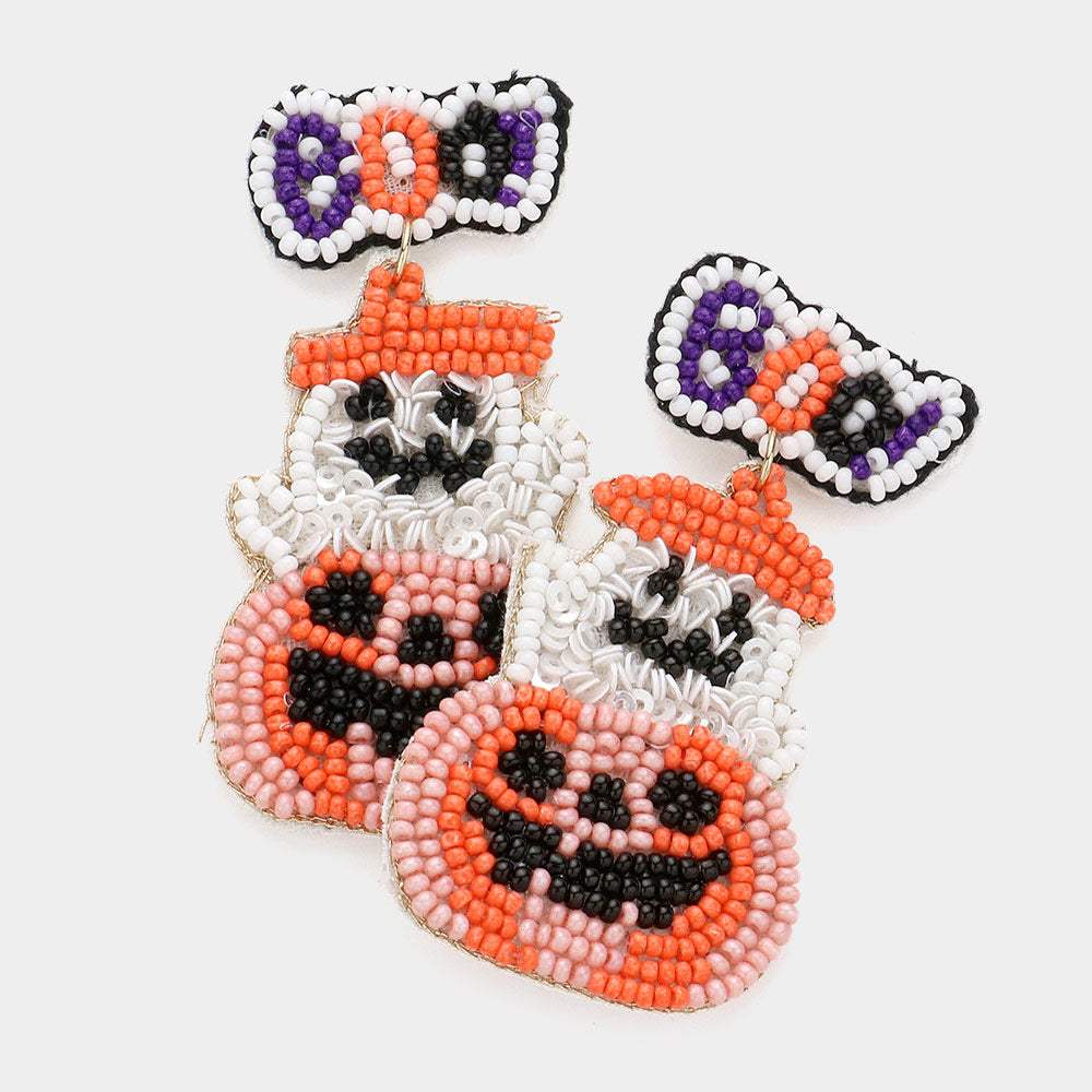 Boo! Message Felt Back Sequin Seed Beaded Ghost Pumpkin Link Dangle Earrings - Madeline Love - Flyclothing LLC