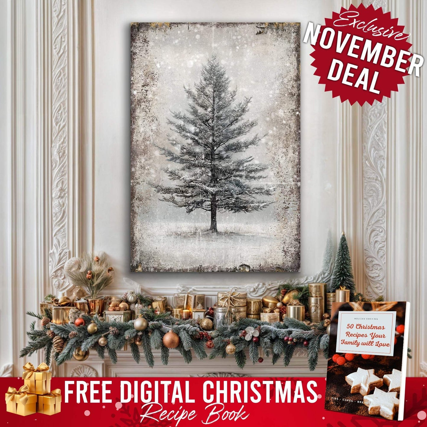 Vintage Christmas Tree Wall Art with Free Christmas Recipe Book - Tailored Canvases - Flyclothing LLC