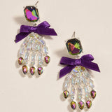 Bow Accent Glass Stone Skeleton Hand Dangle Earrings - Madeline Love - Flyclothing LLC