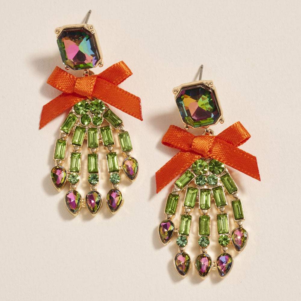 Bow Accent Glass Stone Skeleton Hand Dangle Earrings - Madeline Love - Flyclothing LLC