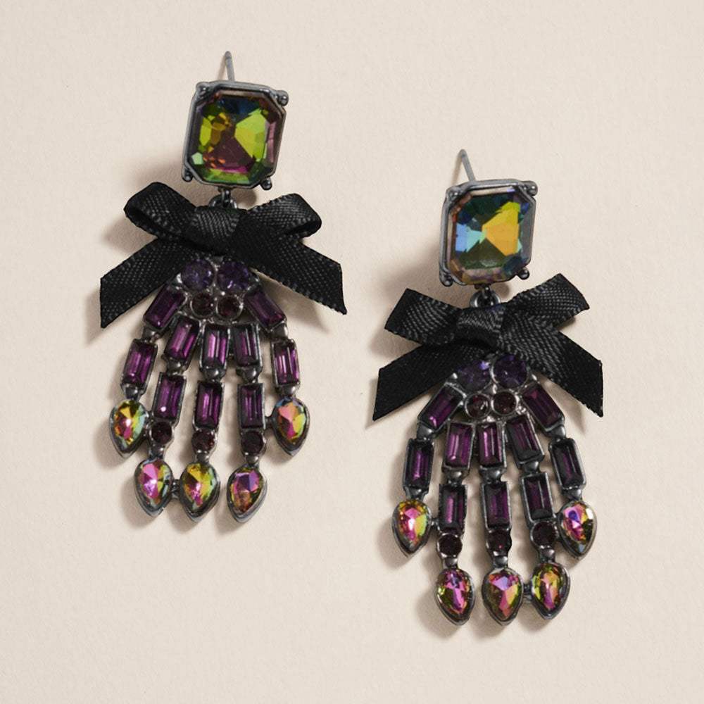 Bow Accent Glass Stone Skeleton Hand Dangle Earrings - Madeline Love - Flyclothing LLC