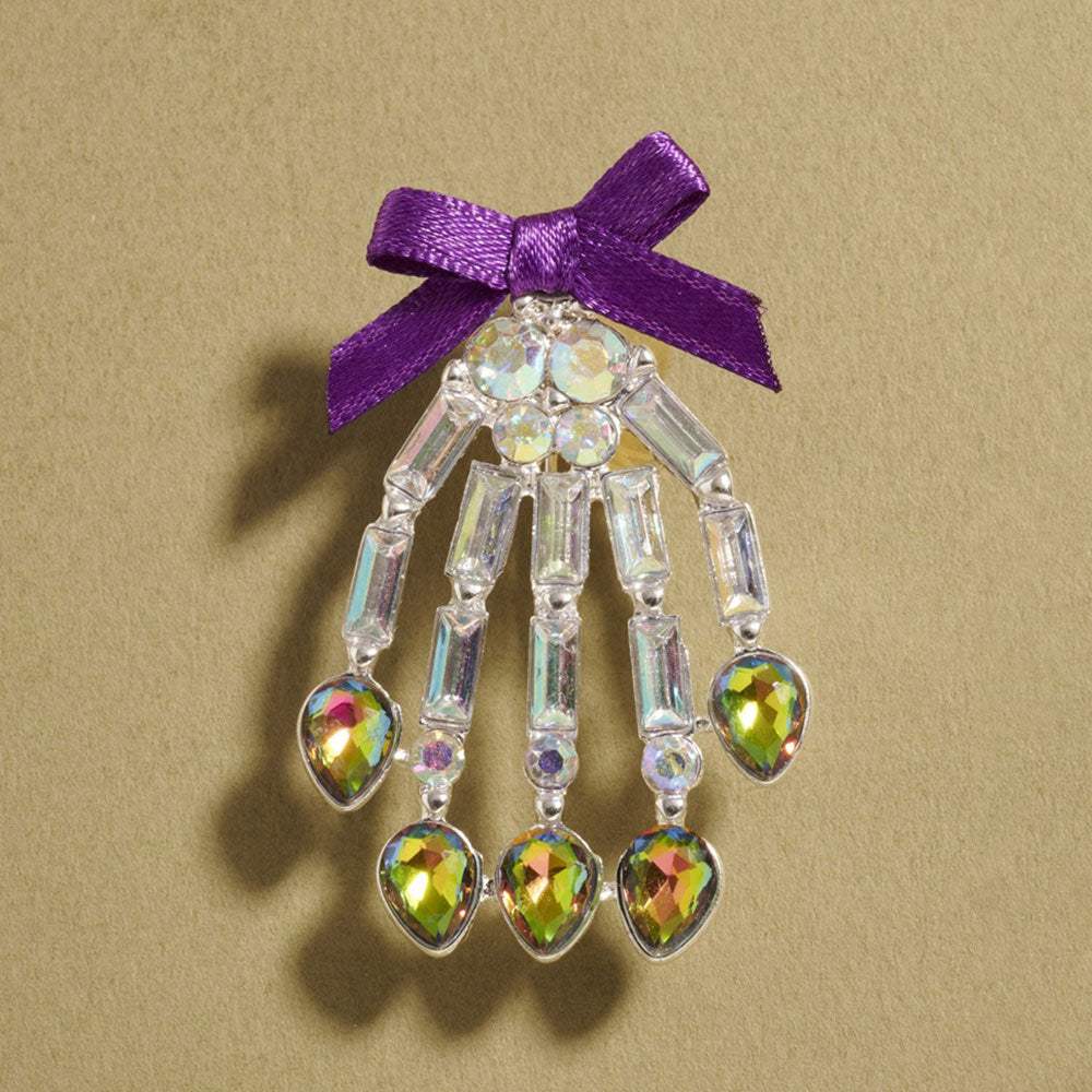 Bow Accent Glass Stone Skeleton Hand Pin Brooch - Madeline Love - Flyclothing LLC